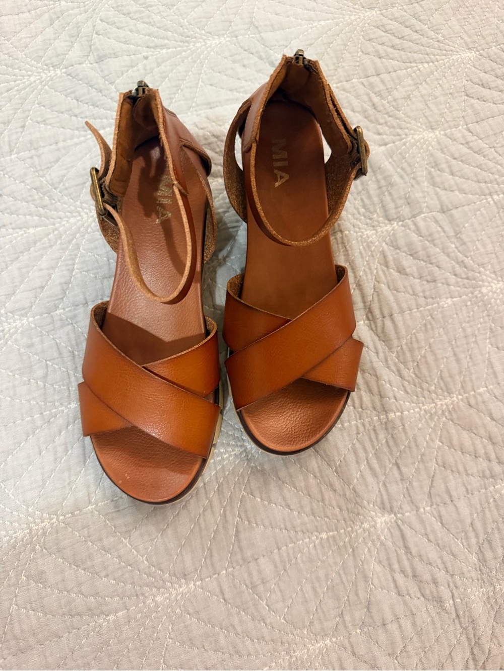 MIA Cognac Crisscross Leather Ankle-Strap Sandals